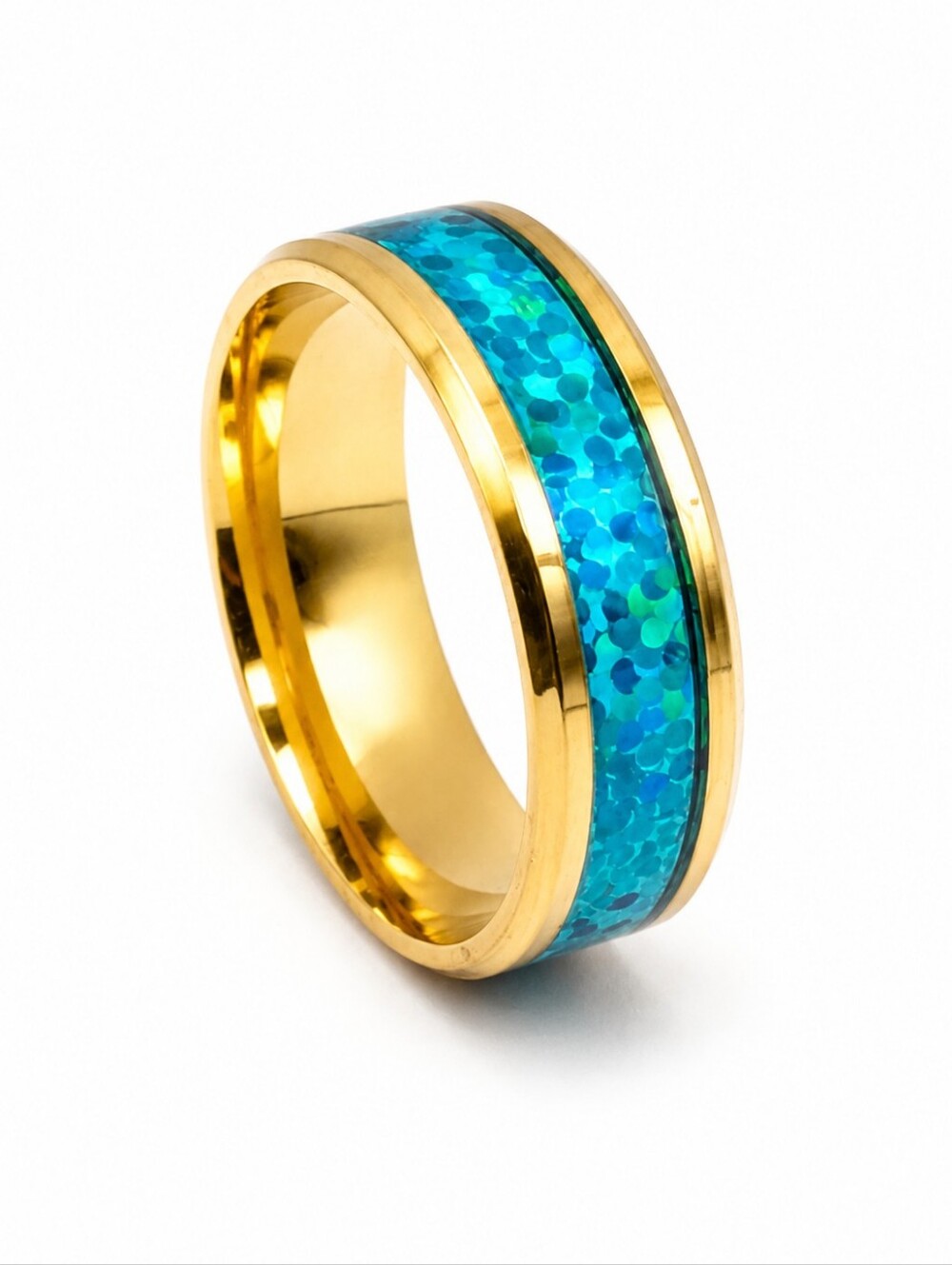 Gold Tone Turquoise Inlay Ring Size 12.5 Wide 8mm Band Unisex Statement Ring